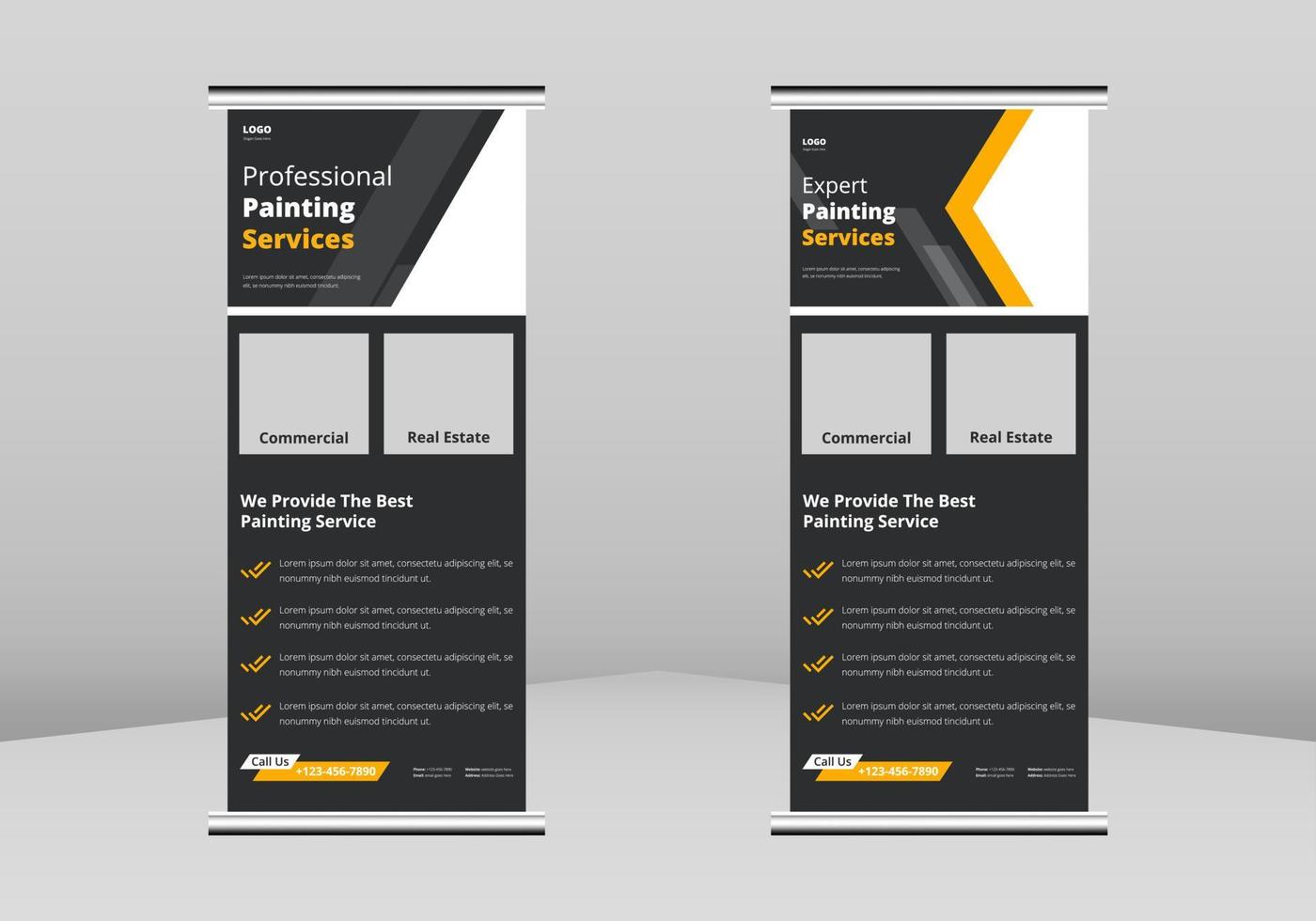 verfservice roll-up banner ontwerp, commercieel onroerend goed schilderij service poster roll-up folder sjabloon. verf werknemer service flyer poster dl flyer, trend business roll-up banner ontwerp vector