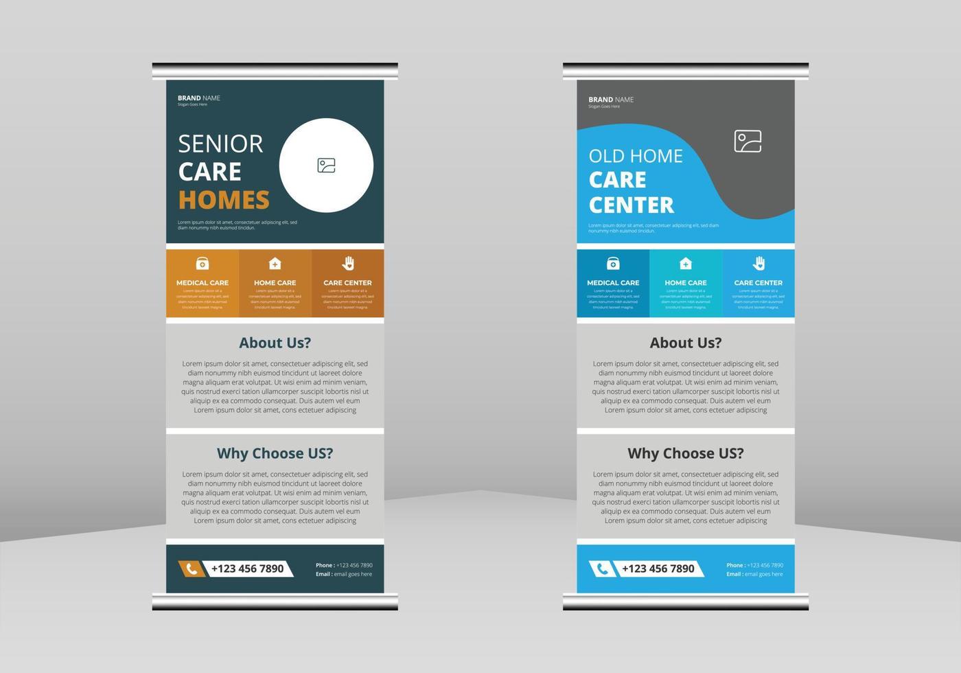 senior zorg roll-up banner ontwerp, senior zorg verpleegster poster roll-up folder sjabloon. postersjabloon voor seniorenzorg. senior zorg verpleegster poster dl flyer, trend business roll-up banner ontwerp vector