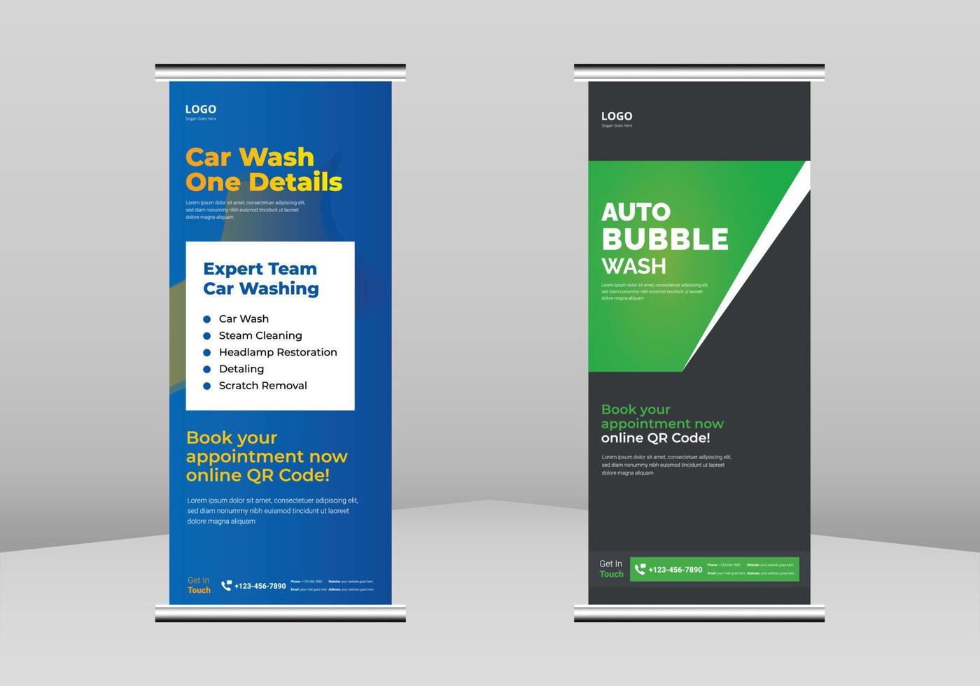 car wash roll up banner ontwerp, express car wash service poster roll up folder sjabloon. auto detaillering service en car wash service flyer poster dl flyer, trend business roll-up banner ontwerp vector