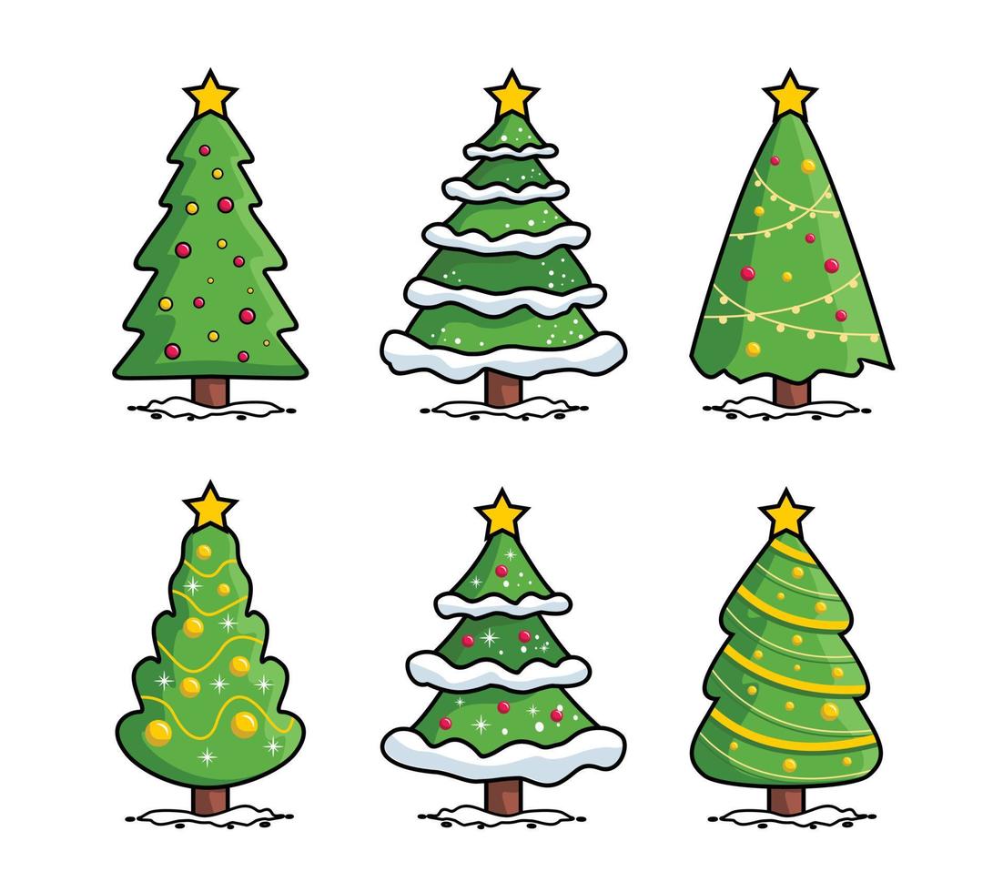 vrolijke kerst dennenboom cartoon collectie set vector