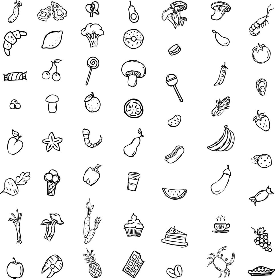grote reeks voedselpictogrammen. iconen van zeevruchten, champignons, snoep, groenten en fruit. vector doodle voedsel pictogrammen