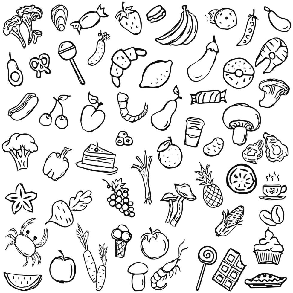 grote reeks voedselpictogrammen. iconen van zeevruchten, champignons, snoep, groenten en fruit. doodle vector voedsel pictogrammen