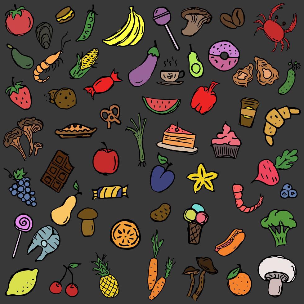 grote reeks gekleurde voedselpictogrammen. iconen van zeevruchten, champignons, snoep, groenten en fruit. vector voedsel pictogrammen