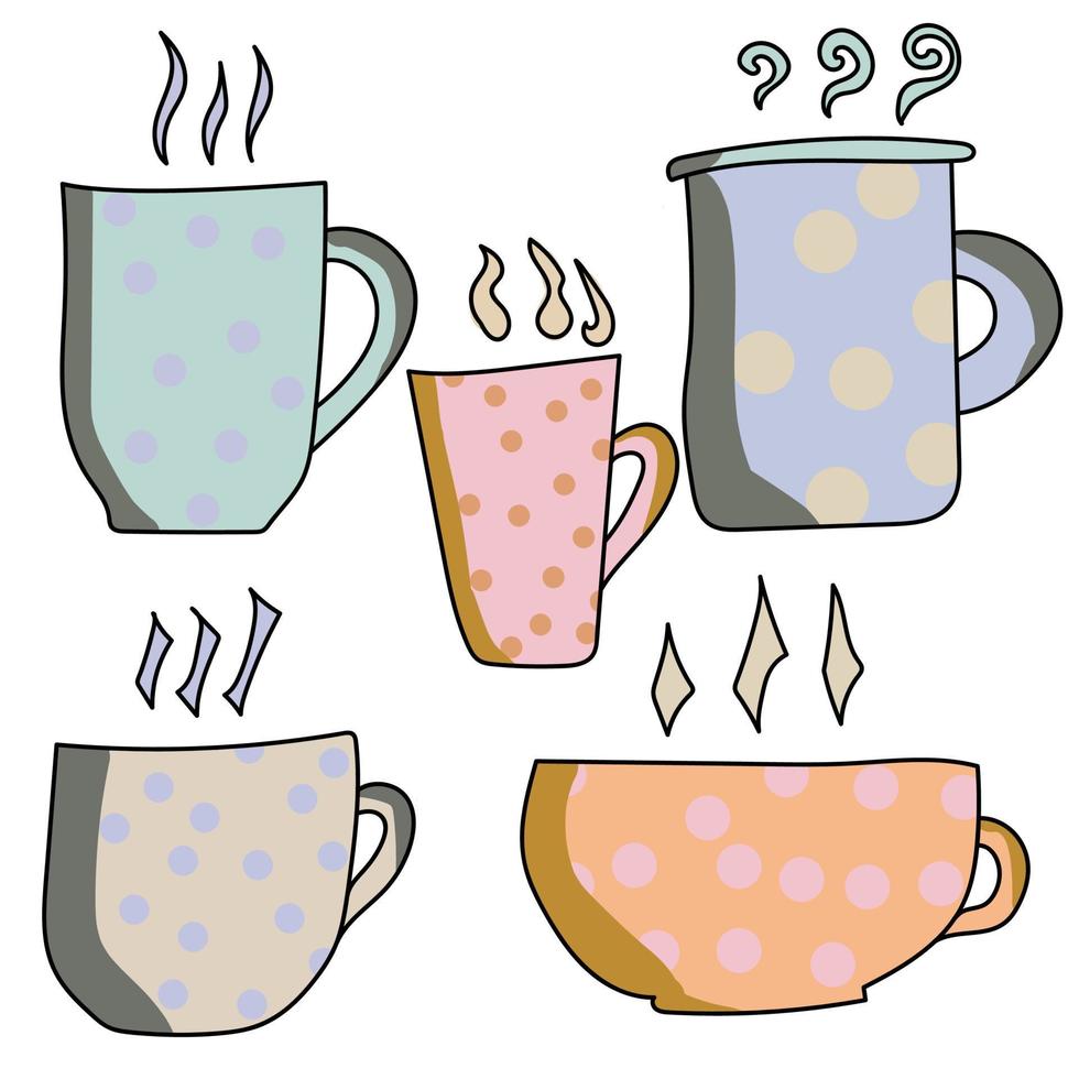 set van schattige doodle beker met warme drank, roze, oranje, blauwe en grijze kleuren van mok met cirkels patroon, vectorillustratie met zwarte omtrek vector