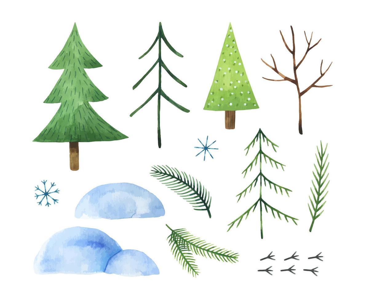 aquarel set winter elementen op witte achtergrond. gestileerde sparren, sneeuwbanken, dennentakken, sneeuwvlokken, schattige vogelsporen. kerst clipart illustratie. perfect voor kaarten, patronen, decor vector