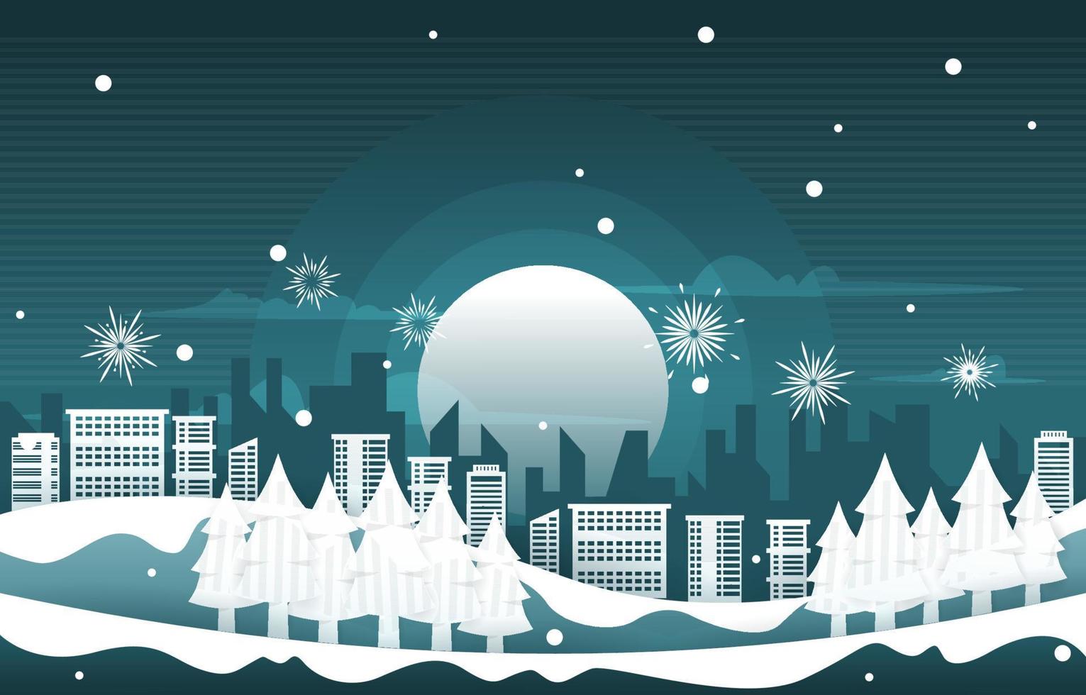 nacht vuurwerk stad gebouw winter nieuwjaar papier gesneden illustratie vector
