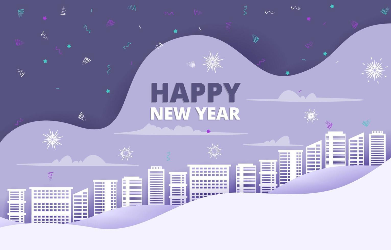 vuurwerk stad bouwen gelukkig winter nieuwjaar papier gesneden illustratie vector