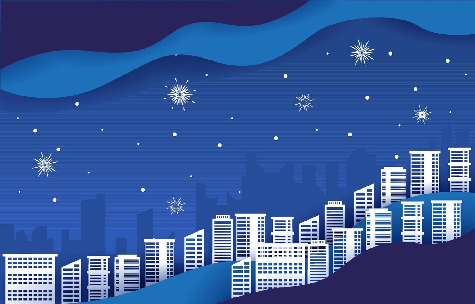 nacht vuurwerk stad gebouw winter nieuwjaar papier gesneden illustratie vector