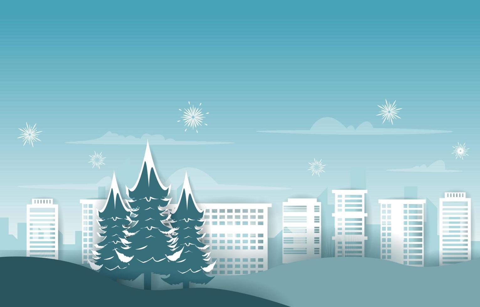 vuurwerk stad gebouw dennenboom winter nieuwjaar papier gesneden illustratie vector