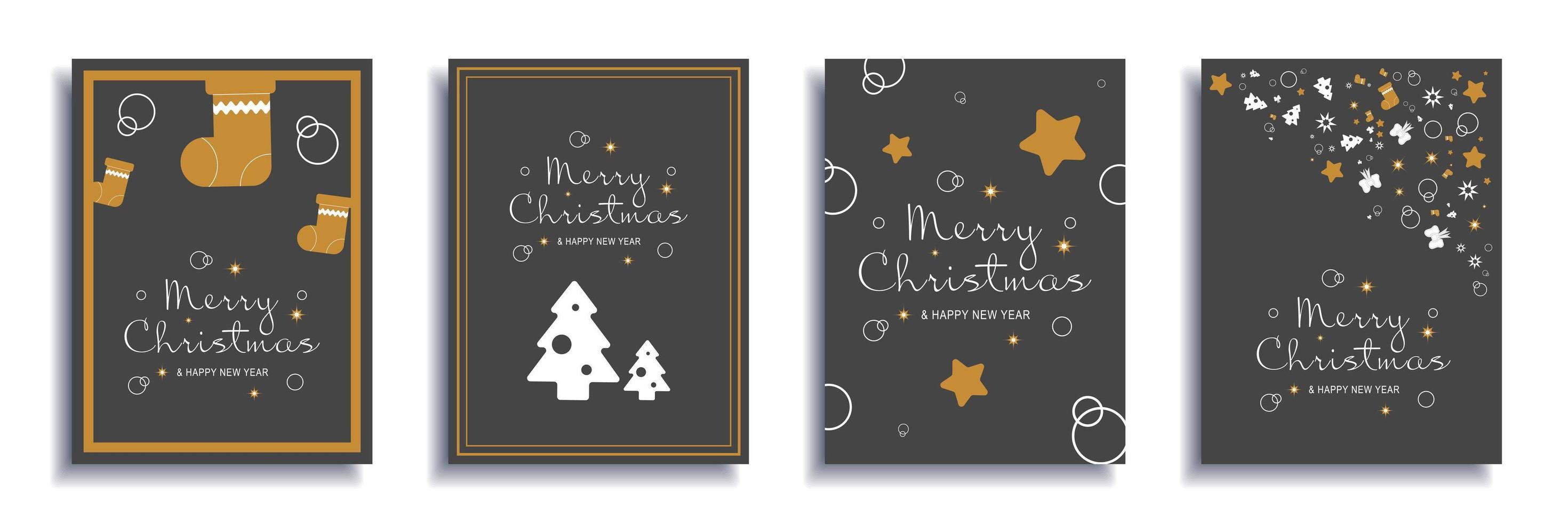 vrolijk kerstfeest en nieuwjaar 2022 brochure covers set. xmas minimaal bannerontwerp met gouden sokken en sterren, witte bomen, feestelijke randen. vectorillustratie voor flyer, poster of wenskaart vector