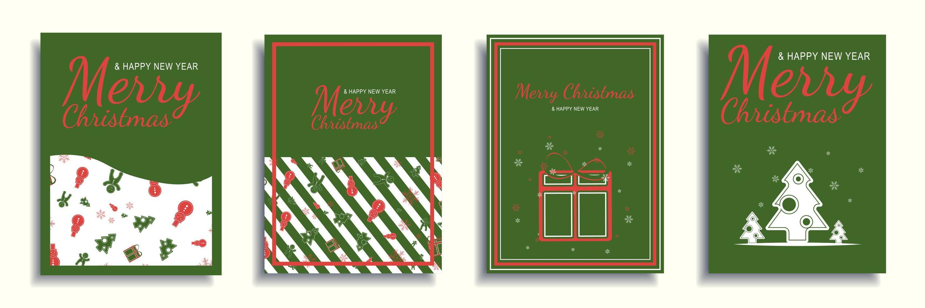 vrolijk kerstfeest en nieuwjaar 2022 brochure covers set. xmas minimaal bannerontwerp met geschenken, boom, sneeuwmannen, sneeuwvlokken op een groene achtergrond. vectorillustratie voor flyer, poster of wenskaart vector