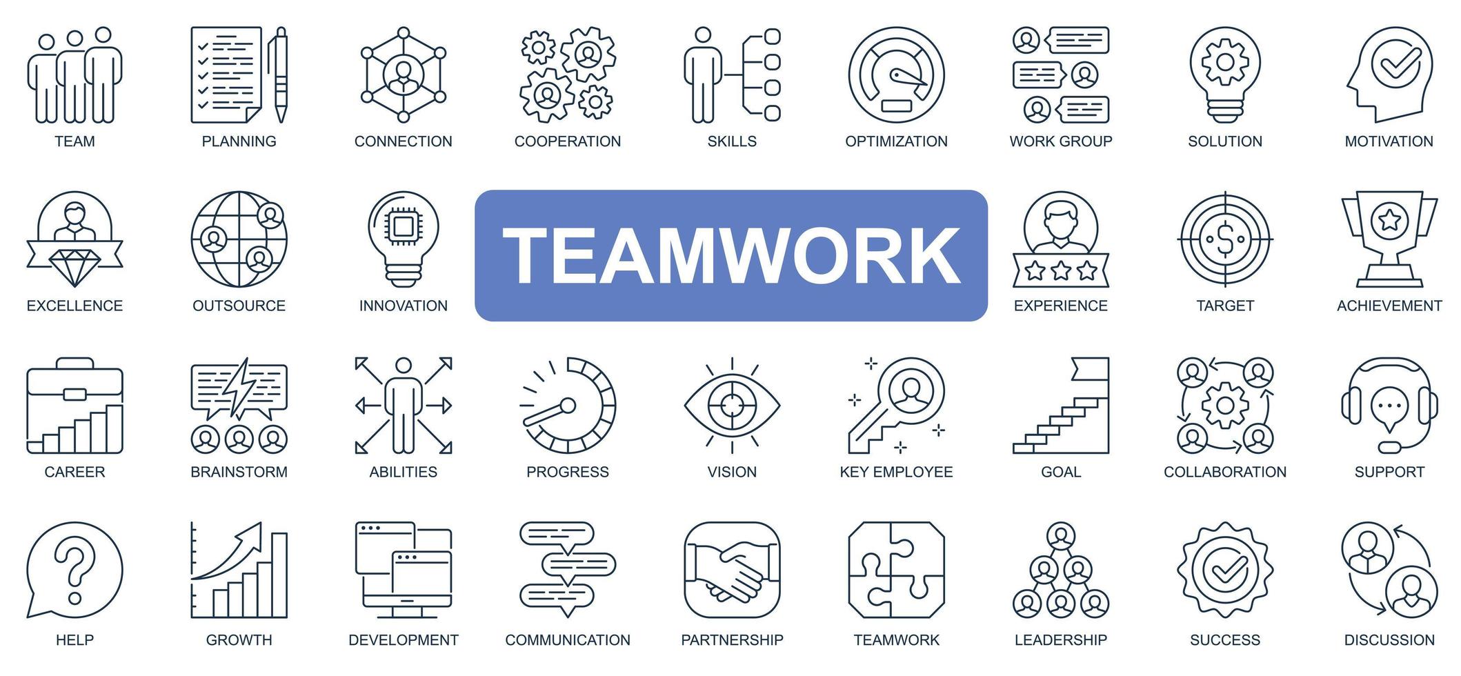 teamwork concept eenvoudige lijn iconen set. bundel van team, planning, verbinding, samenwerking, optimalisatie, brainstorm, prestatie en andere. vectorpakketoverzichtssymbolen voor website- of mobiele app-ontwerp vector