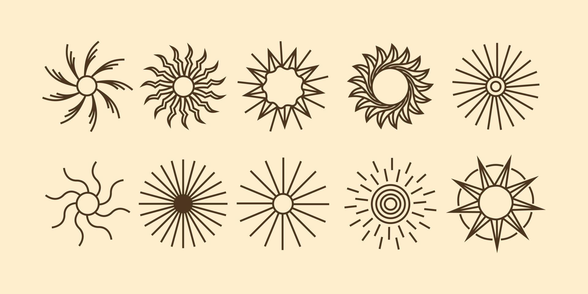 collectie set van zon iconen. zon-logo in boho-stijl symbool. vectorelementillustratie voor decoratie in moderne minimalistische stijl. Boheems natuurontwerp. vector