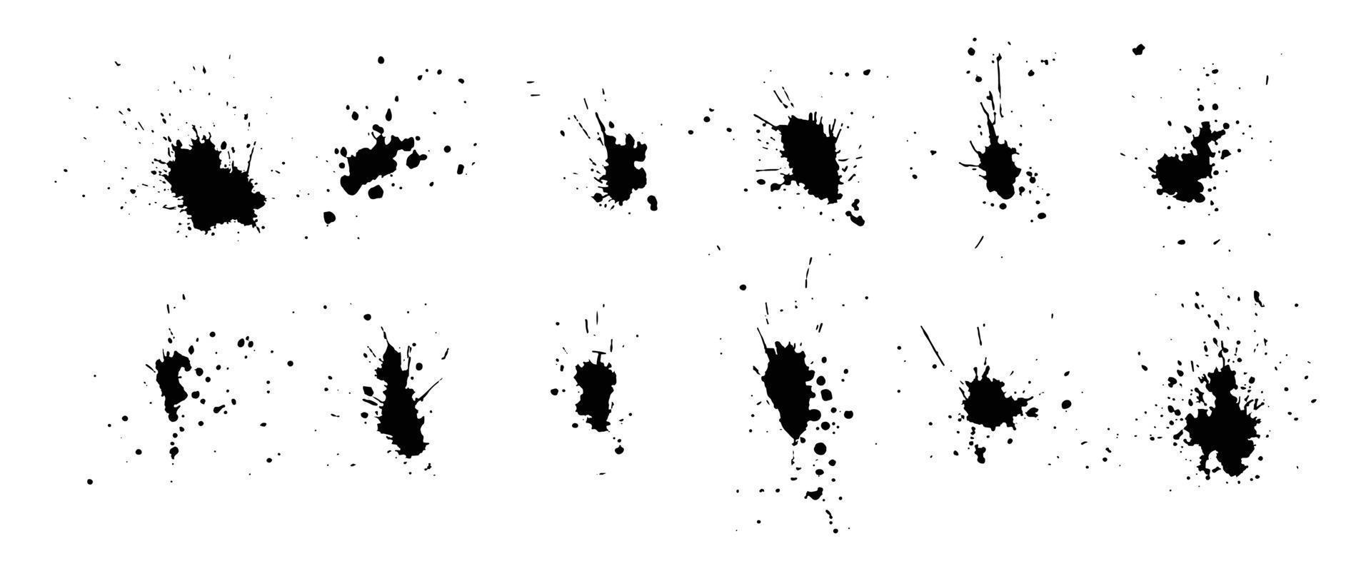 collectie abstract van inktslag en inkt splash voor grunge design elementen. zwarte penseelstreek en plonstextuur op wit papier. handgetekende illustratieborstel voor vuile textuur. vector