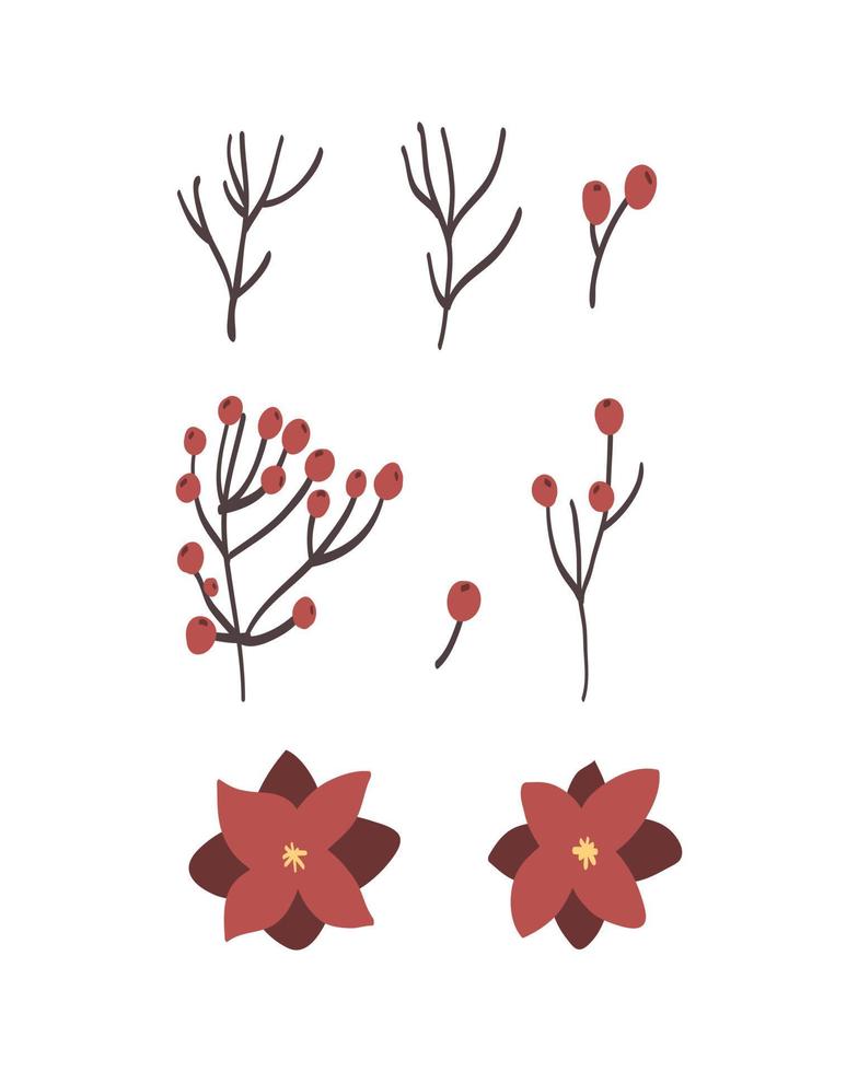 dennenbladeren en bloemen zijn met de hand getekend in kransen op een geïsoleerde achtergrond. vectorelementen voor kerstversieringen vector
