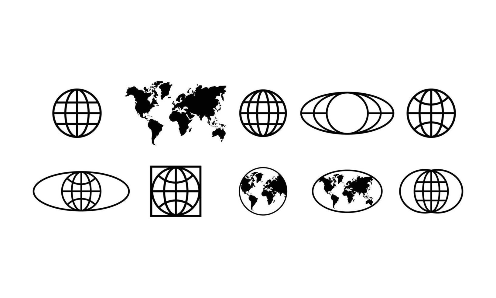 verzamelingsset van eenvoudige aarde, wereldbol, wereld en kaart in zwart-wit overzichtsstijl. geometrische vormen elementen geïsoleerd op een witte achtergrond in logo ontwerp vector. vector