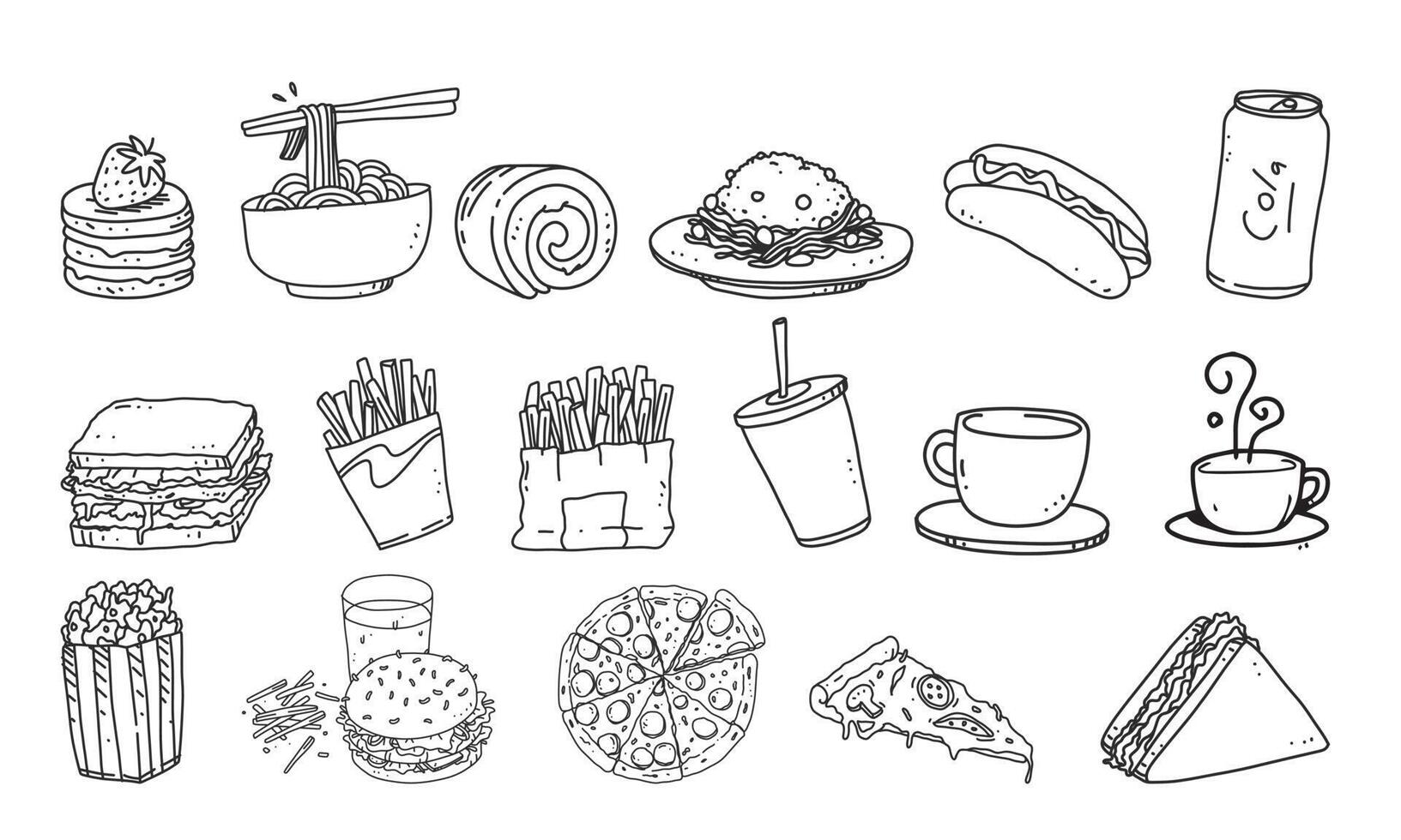 set van eten en drinken vectorillustratie. fastfood detail lineart illustratie op geïsoleerde background vector