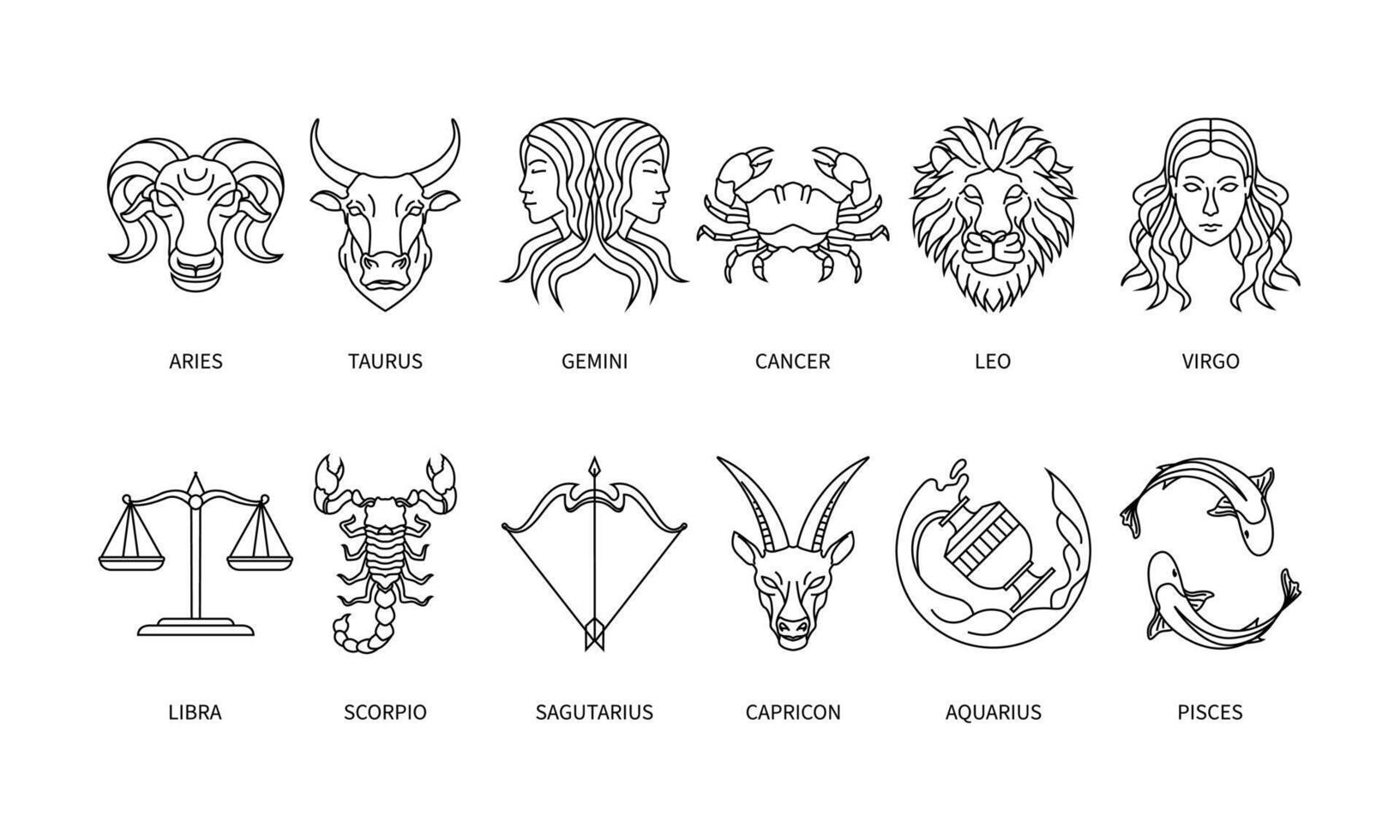 set van horoscoop symbool in twaalf dierenriem sterrenbeeld. een platte lijn dierenriem pictogrammen geïsoleerd op zwarte achtergrond. astrologie en mythologie collectie in vector. vector