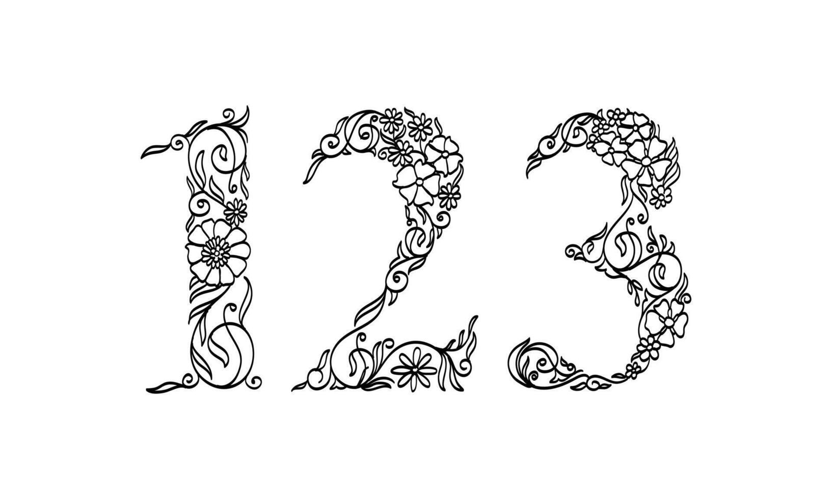 bloemen illustratie nummer 1, 2, 3, vector grafische lettertype gemaakt door bloem en blad plant creatieve handgetekende lijntekeningen voor abstracte en natuurlijke natuurstijl looks in unieke monochrome ontwerpdecoratie