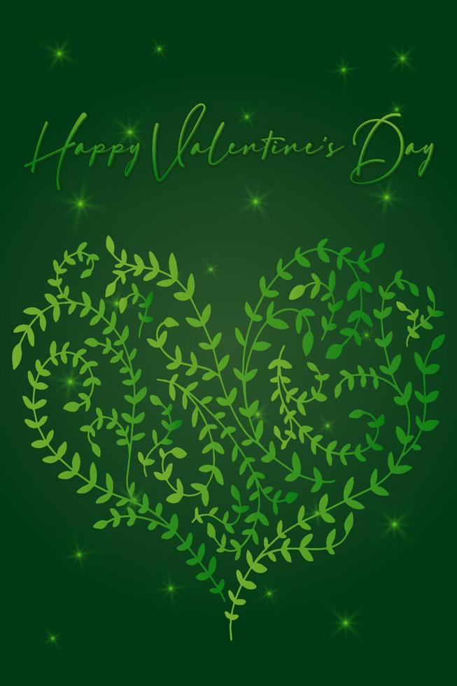 Valentijnsdag wenskaart banner uitnodiging flyer brochure. groen gouden palet natuurlijke eco-stijl. hartvorm verlaat tak en belettering vector