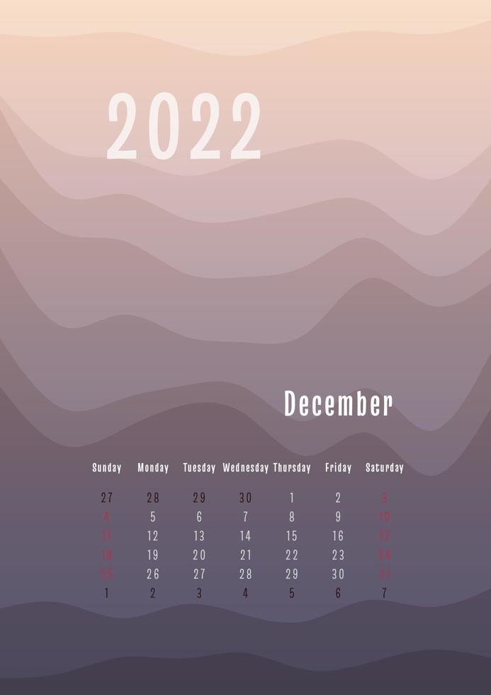 2022 december verticale kalender elke maand afzonderlijk. maandelijkse persoonlijke planner sjabloon. piek silhouet abstracte gradiënt kleurrijke achtergrond, ontwerp voor print en digitaal vector