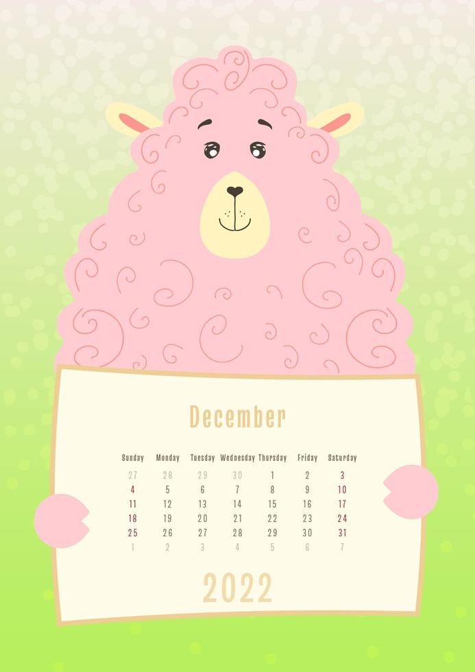 2022 december kalender, schattig ram lama dier met een maandelijks kalenderblad, handgetekende kinderachtige stijl vector