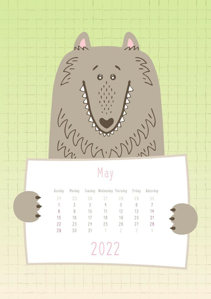 2022 mei-kalender, schattig wolfshonddier met een maandelijks kalenderblad, met de hand getekende kinderachtige stijl vector