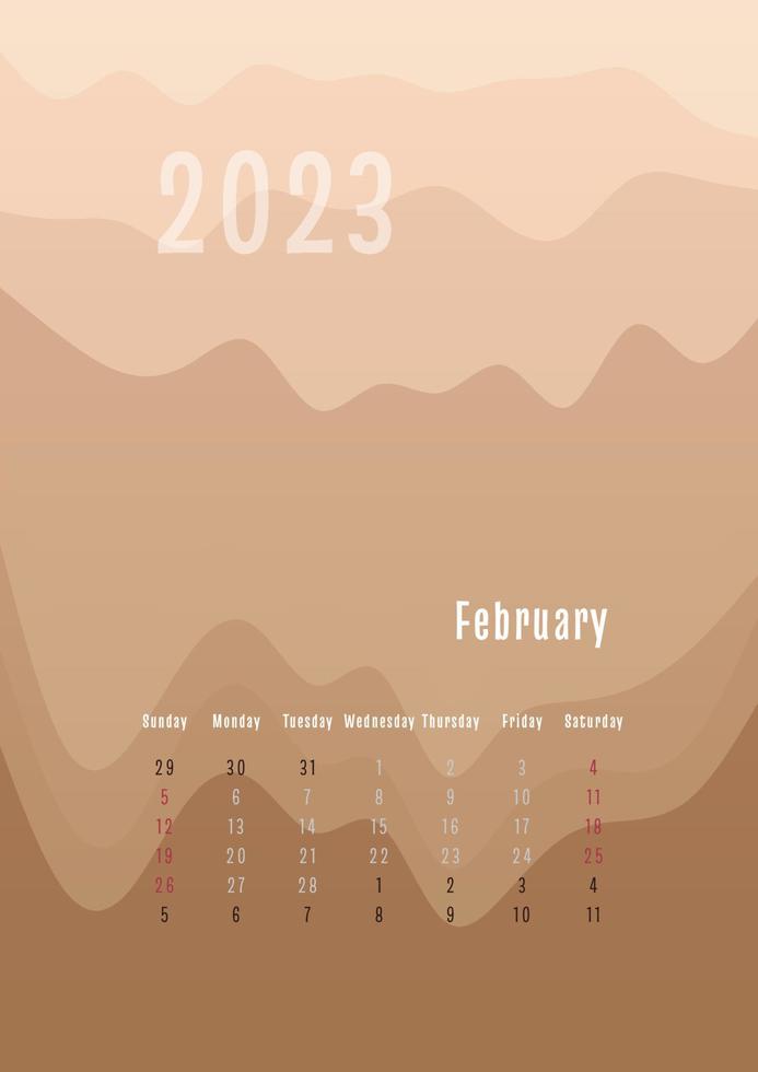 2023 februari verticale kalender elke maand afzonderlijk. maandelijkse persoonlijke planner sjabloon. piek silhouet abstracte gradiënt kleurrijke achtergrond, ontwerp voor print en digitaal vector