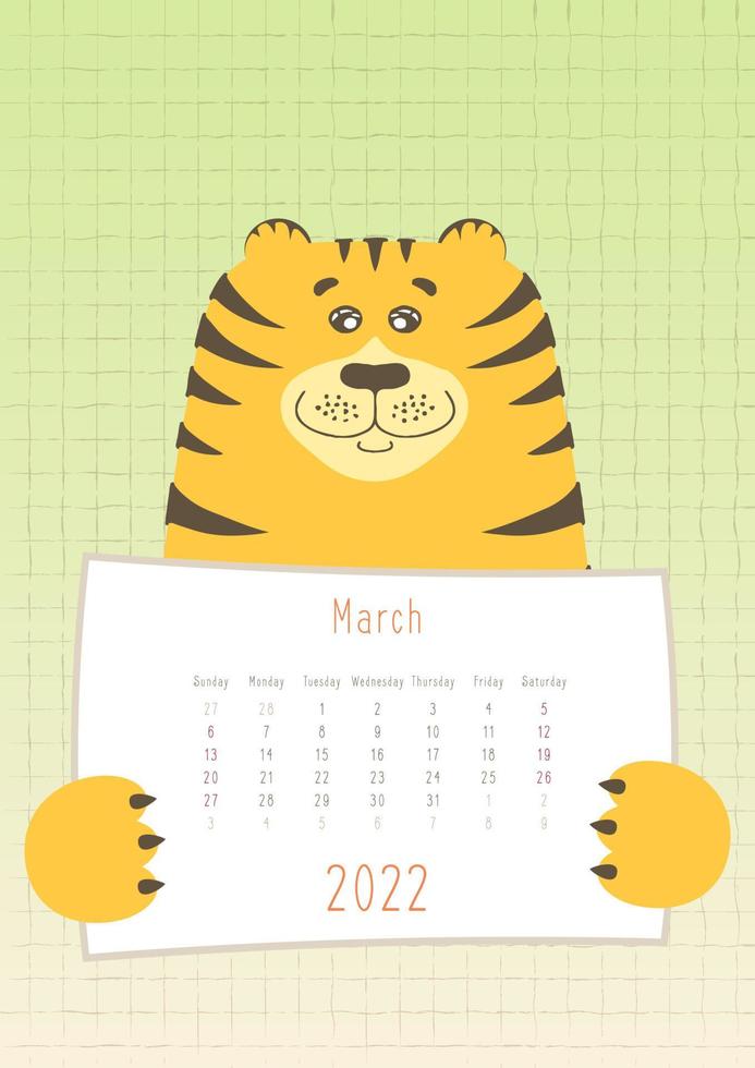 2022 maart-kalender, schattig tijgerdier met een maandelijks kalenderblad, met de hand getekende kinderachtige stijl vector