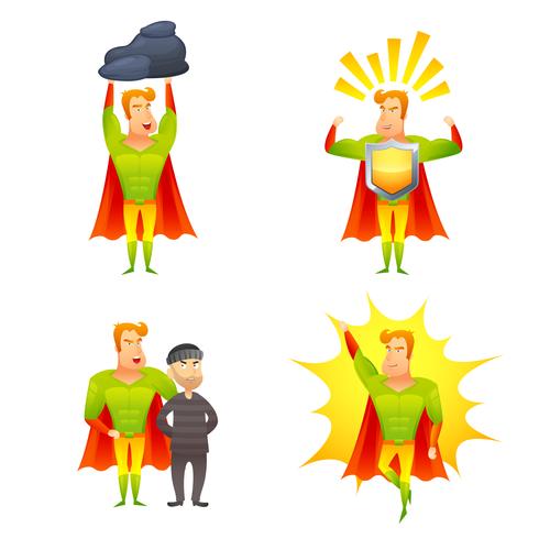 Superheld cartoon karakter macht pictogrammen instellen vector