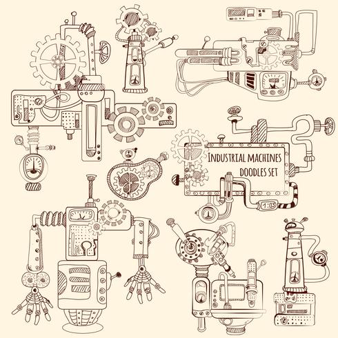 Industriële Machines Doodles Set vector