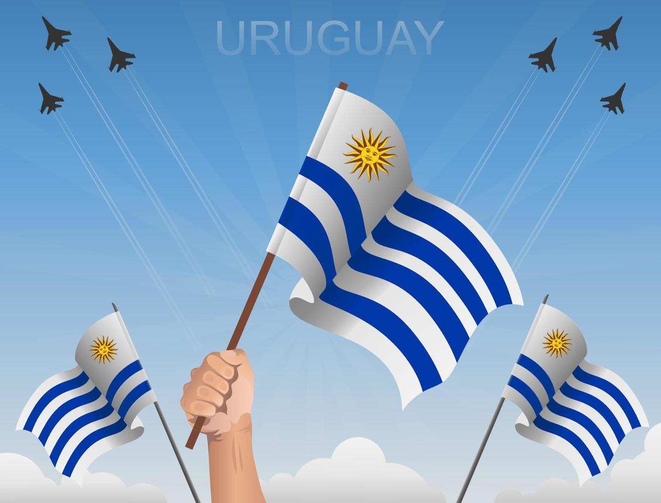 uruguay vlaggen vliegen onder de blauwe lucht vector