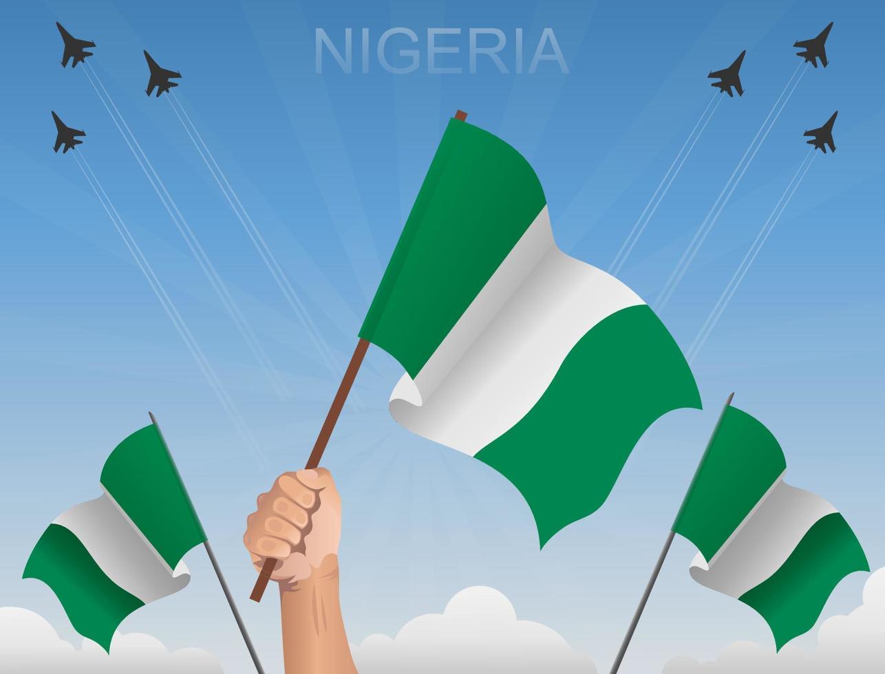 nigeriaanse vlaggen die onder de blauwe lucht vliegen vector