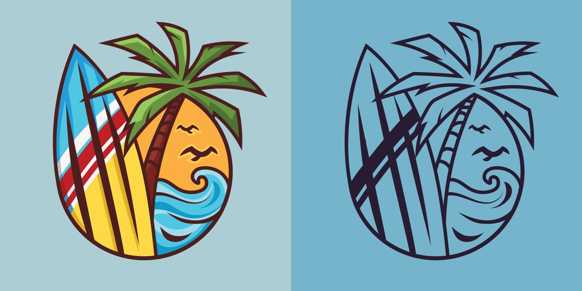 surfplank met palmboom in verschillende stijlen. vector