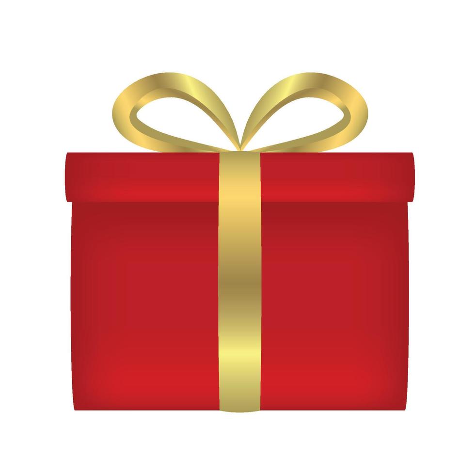 cadeau rode doos pictogram. verrassing aanwezig sjabloon, gouden lint boog, geïsoleerde witte achtergrond. 3D-ontwerpdecoratie voor kerstmis, nieuwjaarsvakantie, verjaardagsviering, valentijnsdag. volumetrische vector