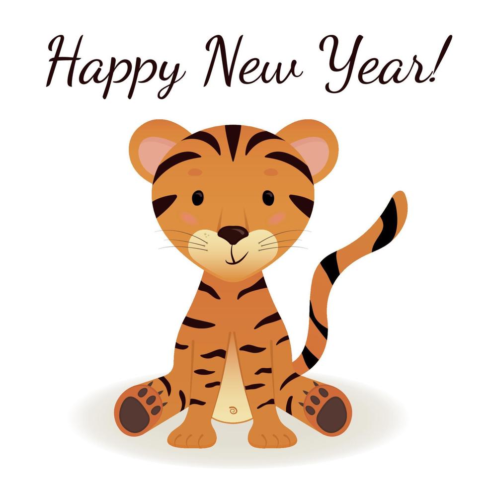 schattige kleine tijger als een symbool van chinese vakantie. wenskaart. illustratie voor kind. gelukkig nieuwjaar. 2022. platte vectorillustratie vector