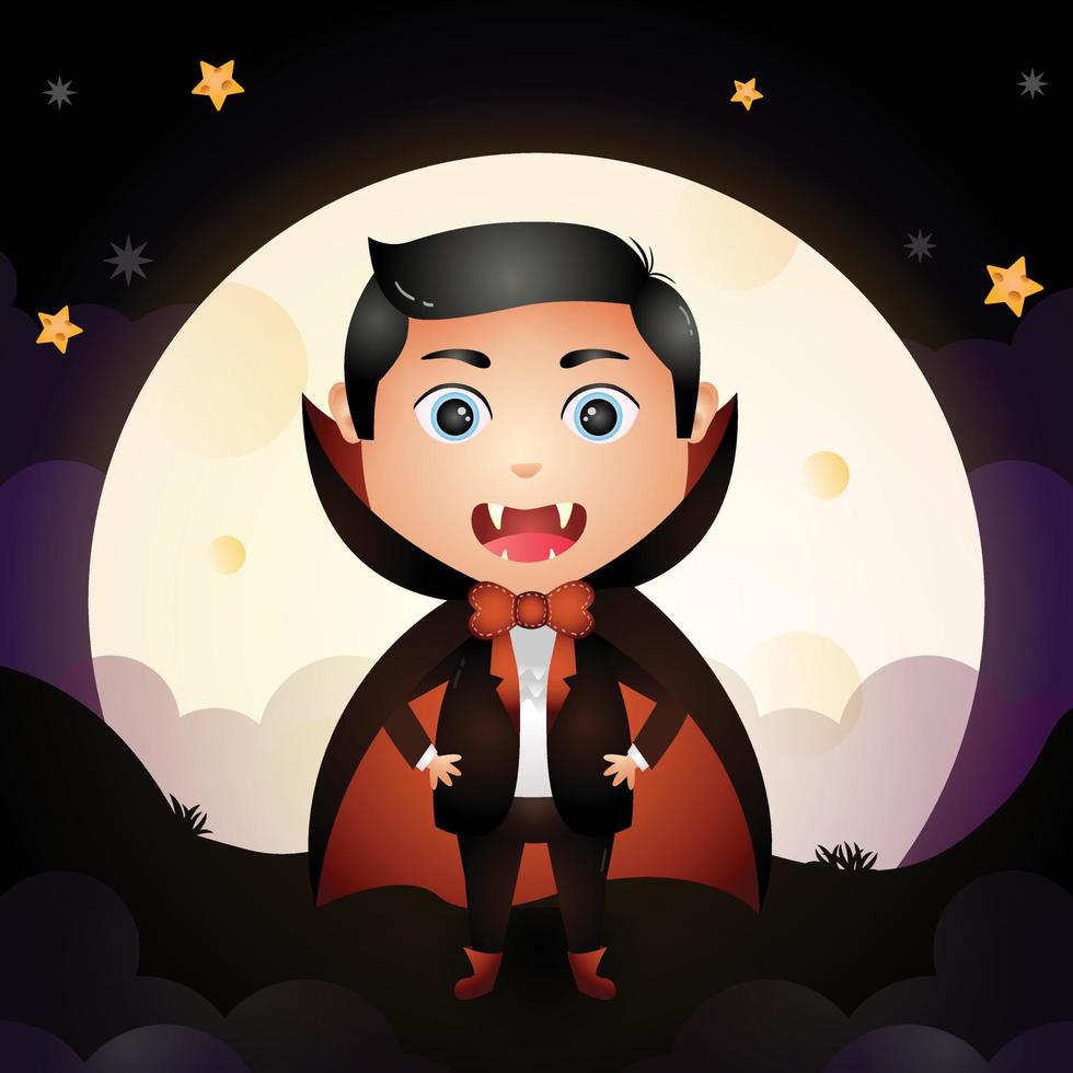 illustratie van een schattige cartoon halloween jonge dracula staat op de grond voor de maan vector