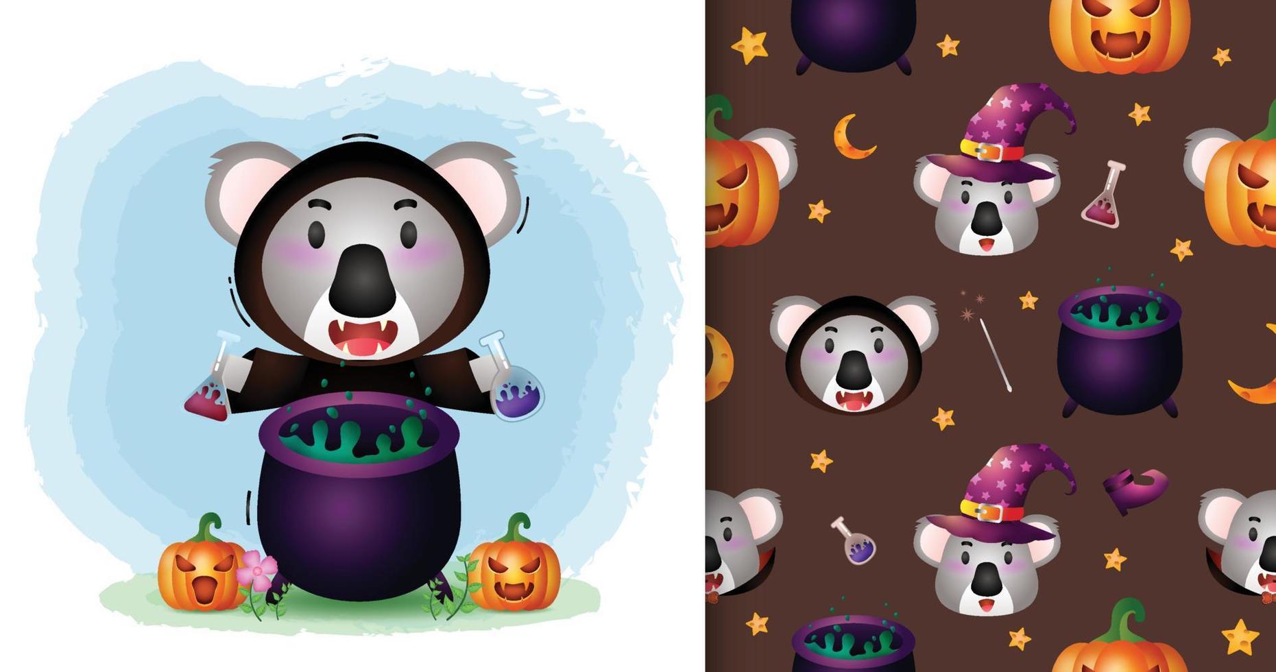 een schattige koala met halloween-personagecollectie voor heksenkostuum. naadloze patroon- en illustratieontwerpen vector