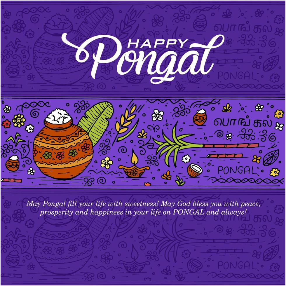 indiase festival pongal wensen doodle schets oud papier vector