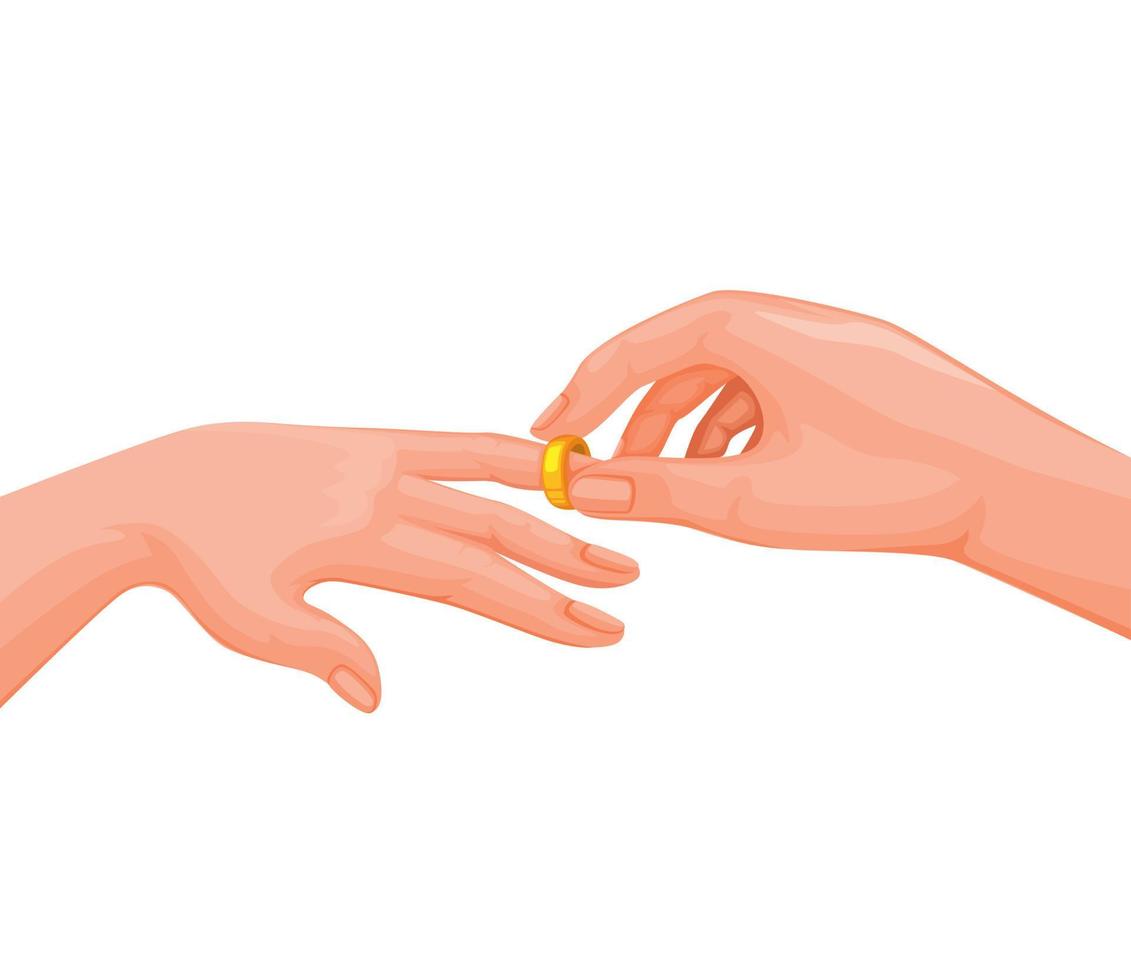 man zetten trouwring op vrouw hand, verloving en getrouwde ceremonie symbool illustratie vector op witte achtergrond