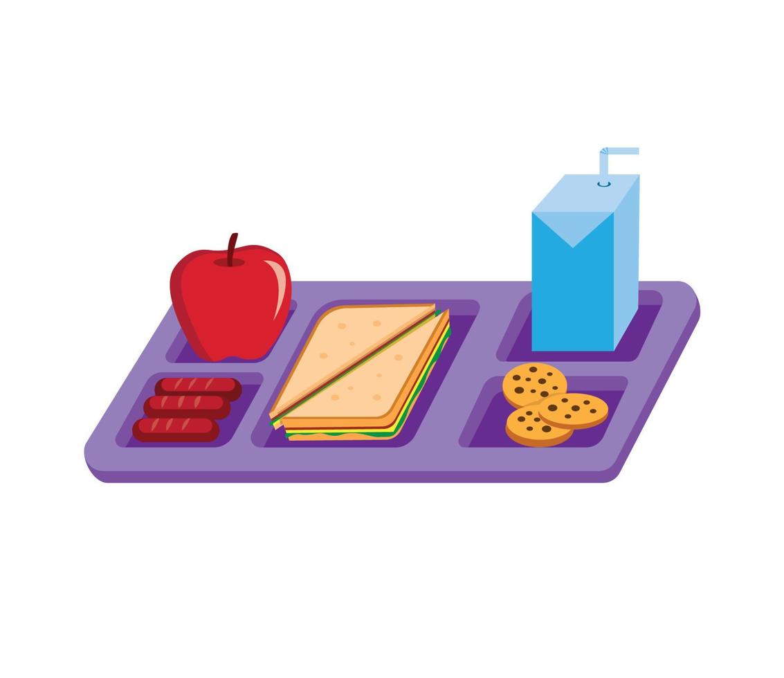 schoollunchmenu, sandwich, fruit en koekjes, melk, vlakke afbeelding vector