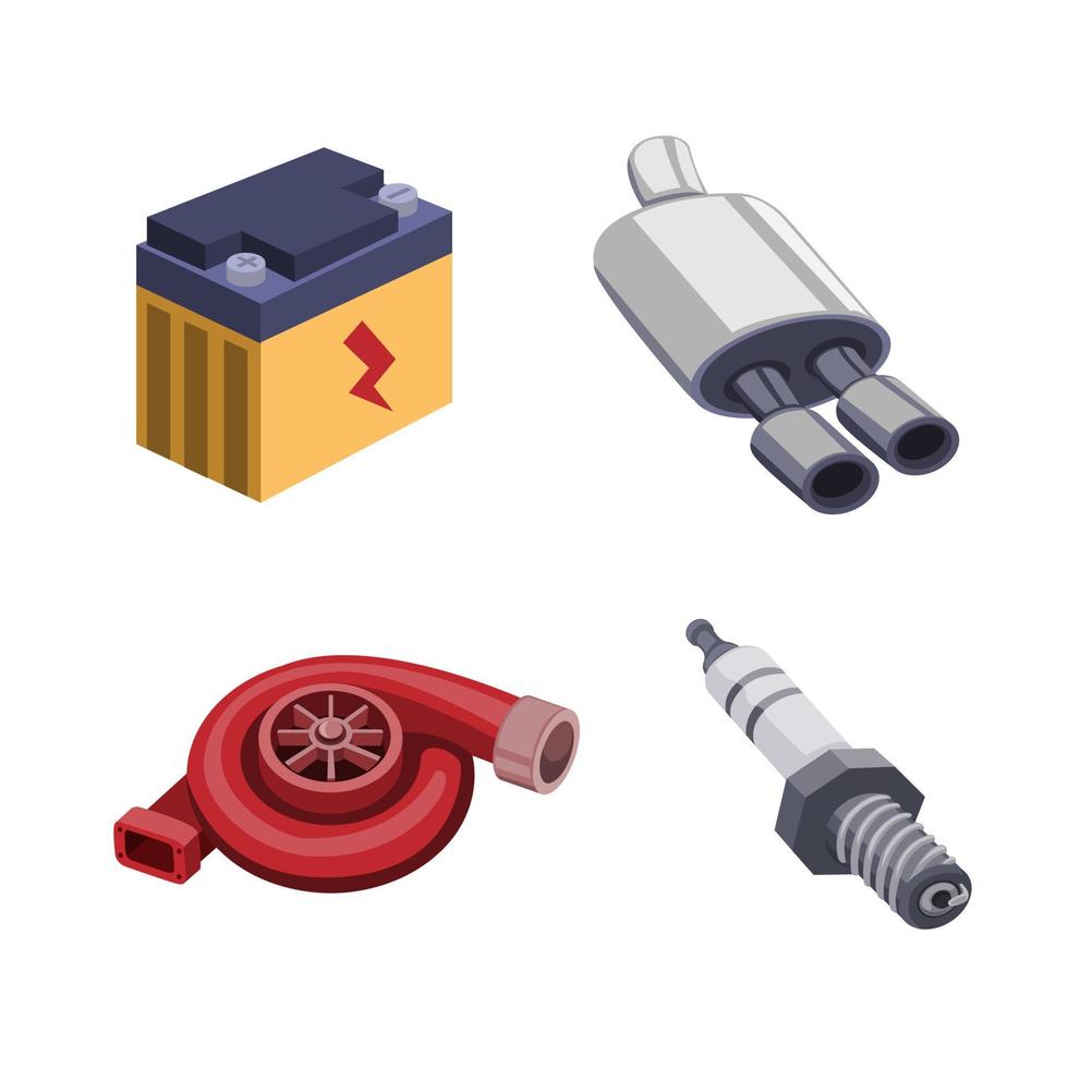 auto onderdeel collectie icon set, wijziging prestatie upgrade sparepart in cartoon illustratie vector geïsoleerd op een witte achtergrond