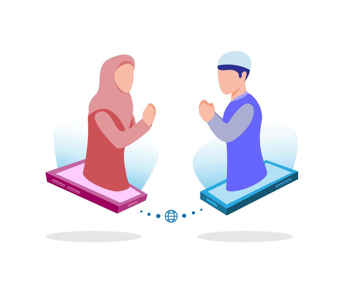 moslim mensen verbinden en ontmoeten elkaar met behulp van smartphone, begroeting en viering in ramadan. cartoon vlakke afbeelding vector