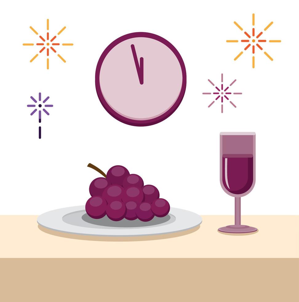 unieke nieuwjaarstraditie in spanje druif met wijn vlakke afbeelding bewerkbare vector