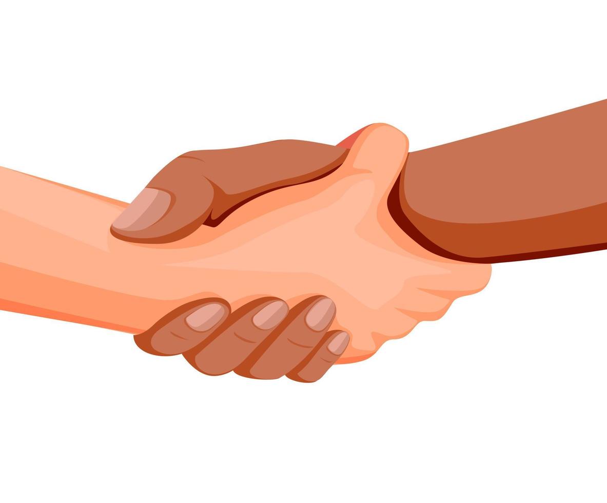 twee handen die elkaar vasthouden. help ondersteuning en solidariteit in diversiteit symbool concept in cartoon illustratie vector geïsoleerd op witte achtergrond