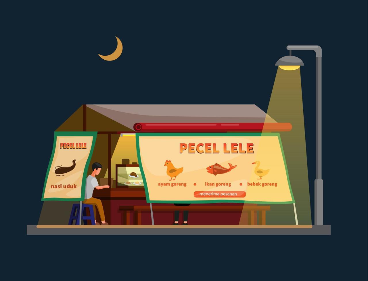 pecel lele aka meerval gebakken Indonesische traditionele straatvoedsel kraam verkoper in nachtscène illustratie in cartoon vector