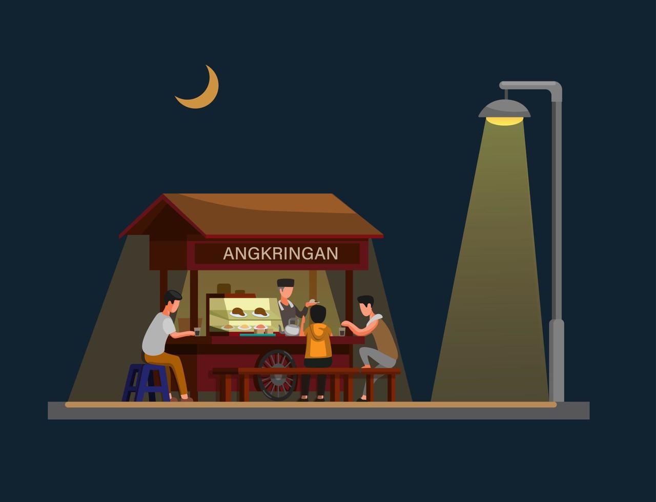 angkringan is traditioneel straatvoedsel uit jogjakarta indonesië in de nacht. concept in cartoon afbeelding vector