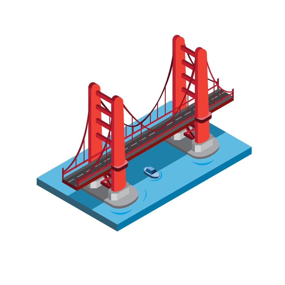 golden gate bridge, san fransisco, miniatuur monumentaal gebouw. rode brug in zee met blauwe boot eronder illustratie in isometrische vlakke stijl eps 10 bewerkbare vector