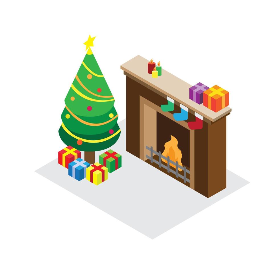 kerstboom, cadeau en schoorsteen in isometrische concept vectorillustratie vector