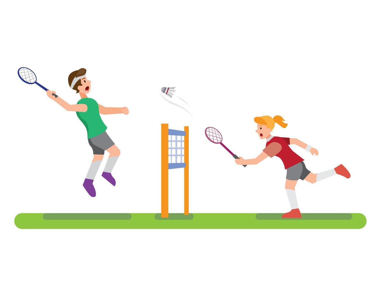 illustratie van mensen die badminton spelen met een vriend en klaar om shuttle te breken, sportcompetitie in cartoon platte bewerkbare vector